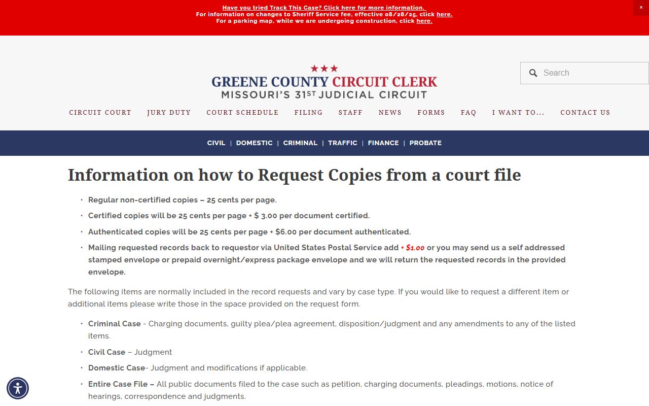 Greene County Circuit Clerk copy request page for family court records