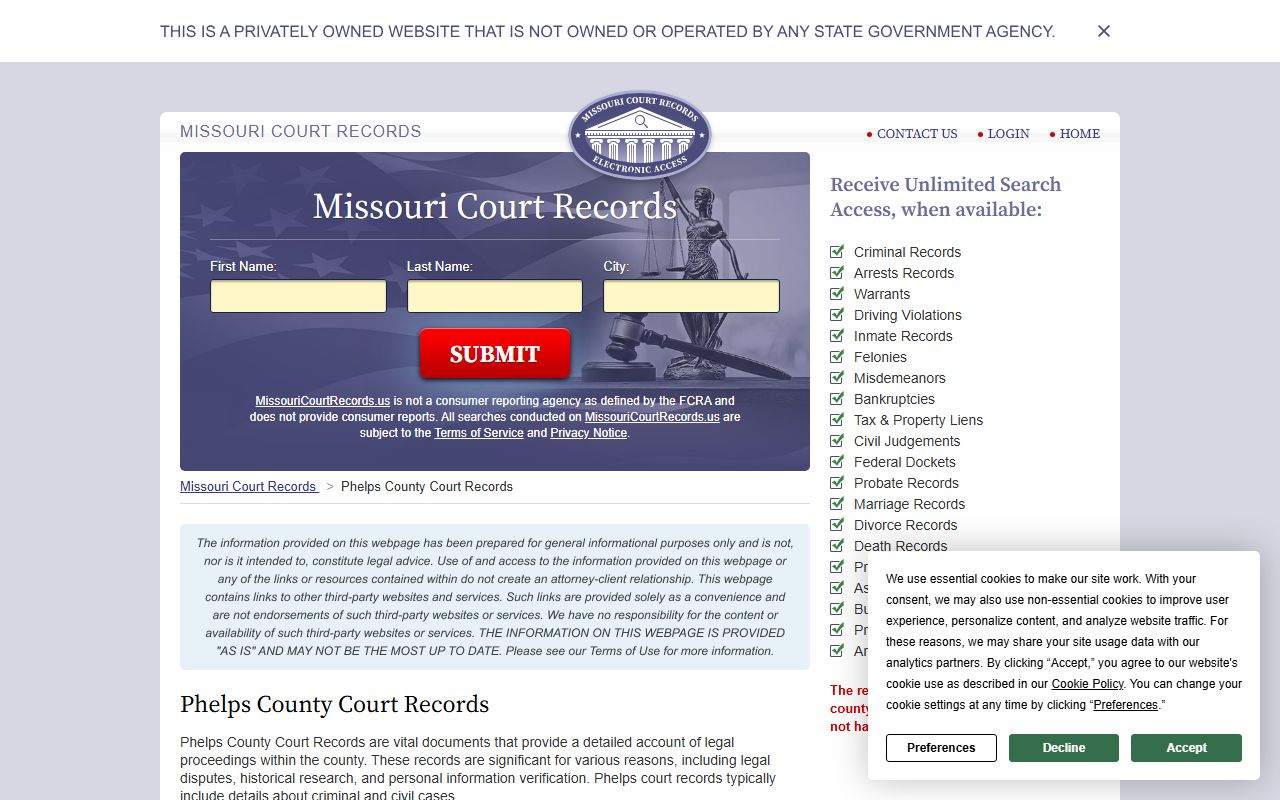 Phelps County family court records guide showing search options for court documents in Rolla