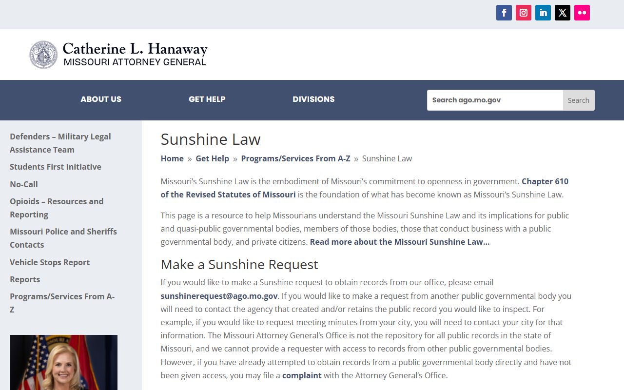 Missouri Attorney General Sunshine Law resources for family court record access