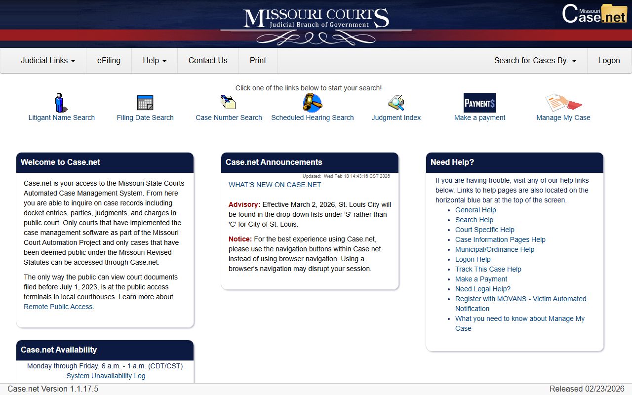 Missouri Case.net portal for searching family court records online