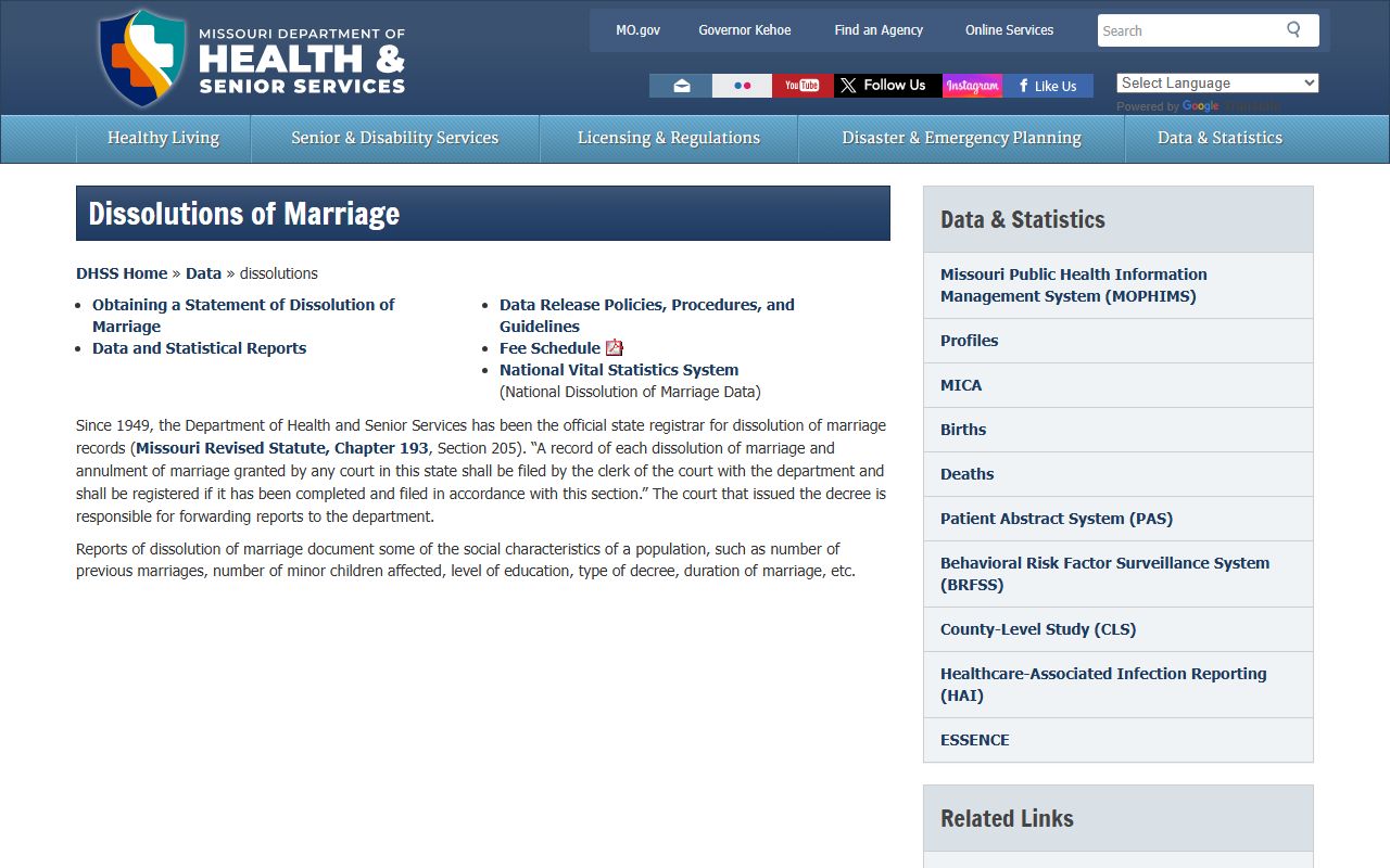 Missouri Department of Health dissolution of marriage records for family court