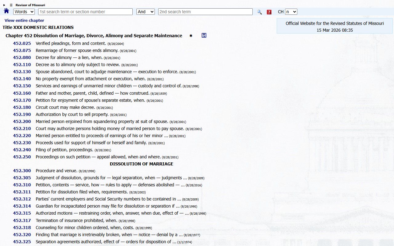 Missouri RSMo Chapter 452 official statutes for family court proceedings